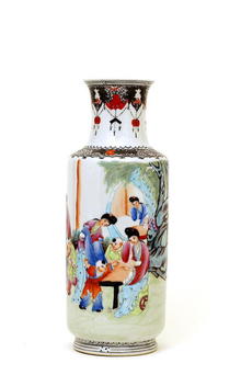 Lg Old Chinese Famille Rose Vase w Figurine Mk