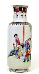 Lg Old Chinese Famille Rose Vase w Figurine Mk