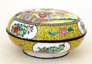 Old Chinese Canton Enamel Box w Figurine Mk