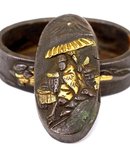 19C Japanese Sword Gilt Fuchi & Kashira Samurai Hunting
