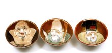 3 Japanese Kutani Sake Saki Tea Cup Moriage Lucky God Figure