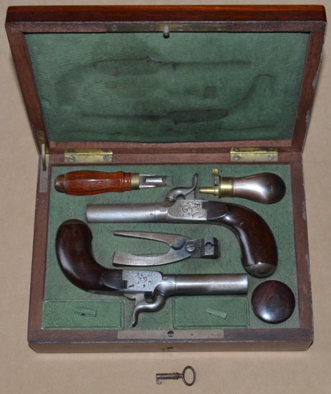Fine Cased Pair of French or Belgian Percussion Muff Pistols, ca. 1850