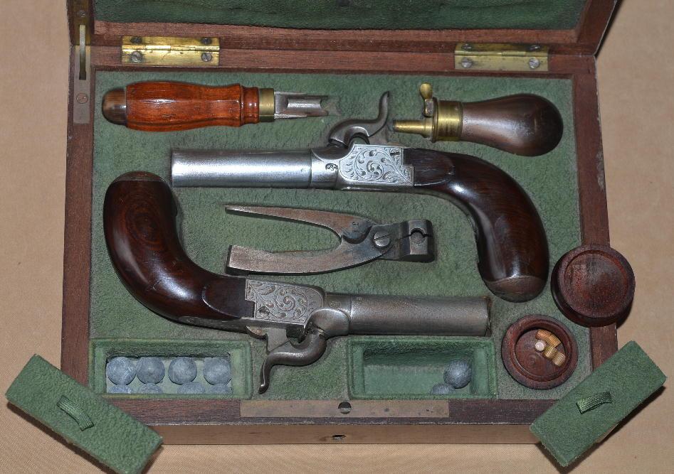 Fine Cased Pair of French or Belgian Percussion Muff Pistols, ca. 1850