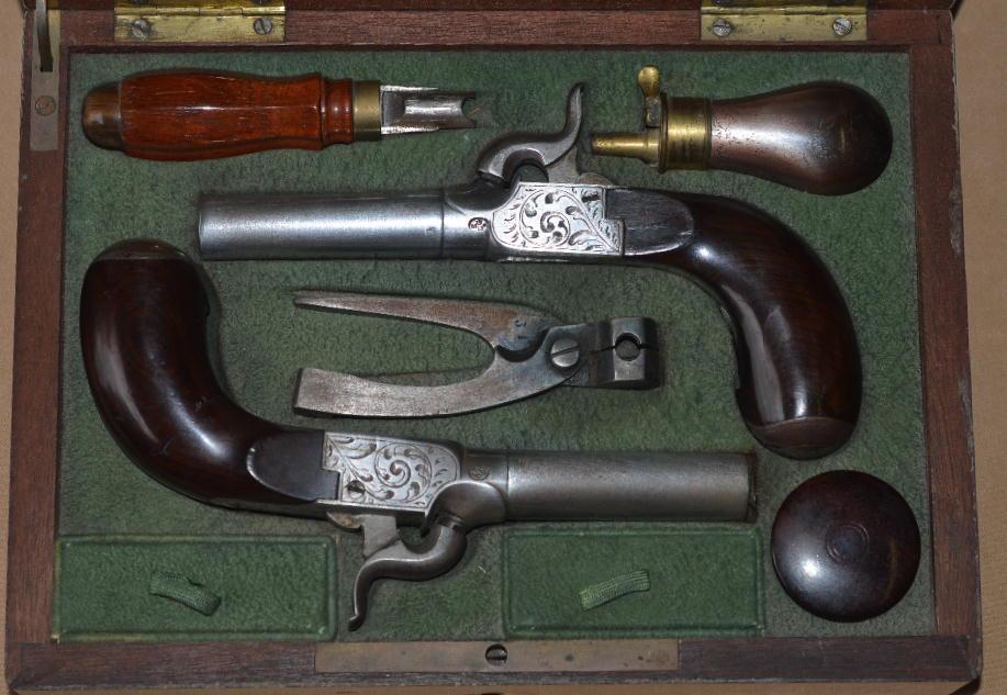Fine Cased Pair of French or Belgian Percussion Muff Pistols, ca. 1850