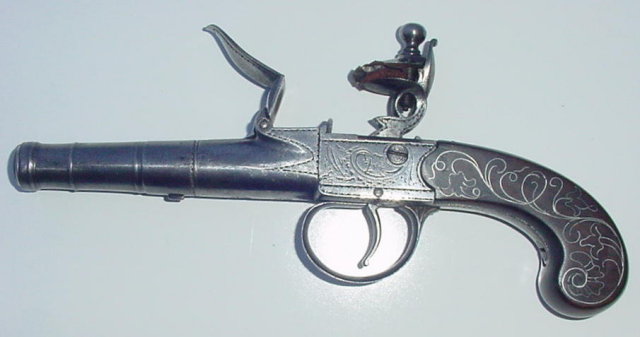 English Silver Inlaid Flintlock Pistol, ca, 1775