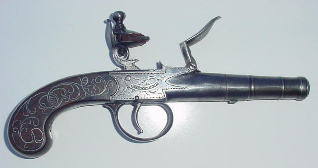 English Silver Inlaid Flintlock Pistol, ca, 1775