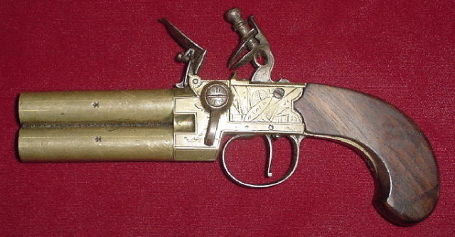 Brass Flintlock Over and Under Tap Action Pistol by Henry Nock, ca. 1800