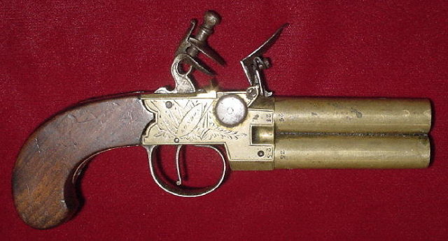 Brass Flintlock Over and Under Tap Action Pistol by Henry Nock, ca. 1800