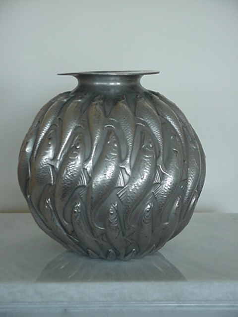 ANTIQUE SILVER PATINA BRONZE FISH VASE