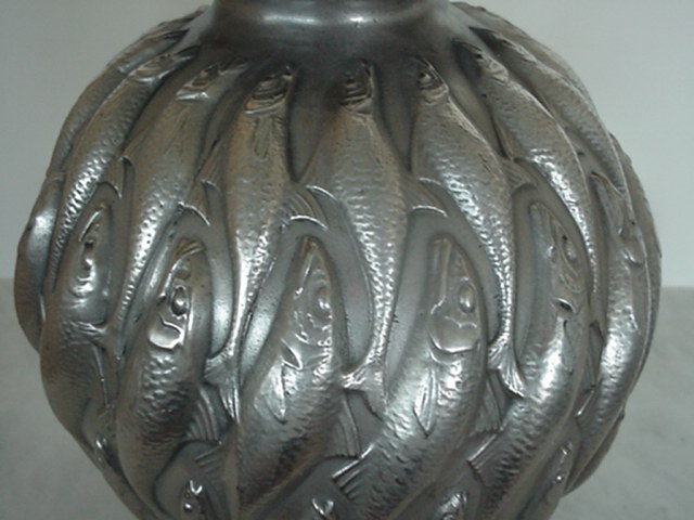ANTIQUE SILVER PATINA BRONZE FISH VASE