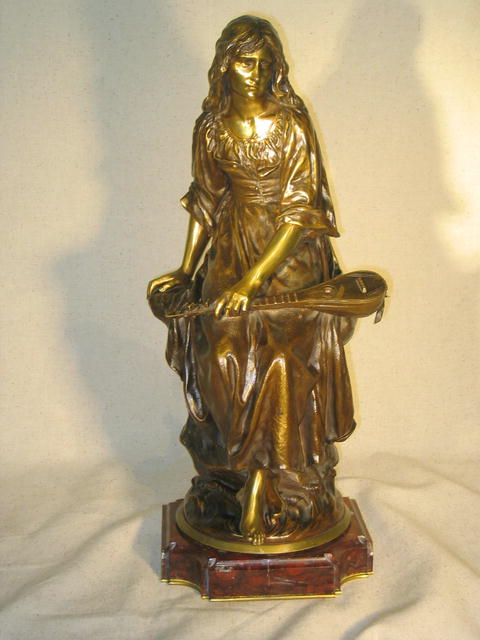 BRONZE WOMAN WITH A MANDOLIN, FEMME A LA MANDOLINE, BY PAUL EUGENE MENGIN