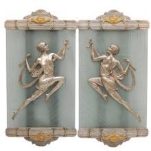 Art Deco Acid Etched Glass & Brass Lady Sconces by Gory