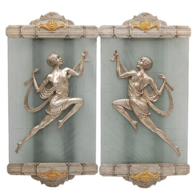 Art Deco Acid Etched Glass & Brass Lady Sconces by Gory