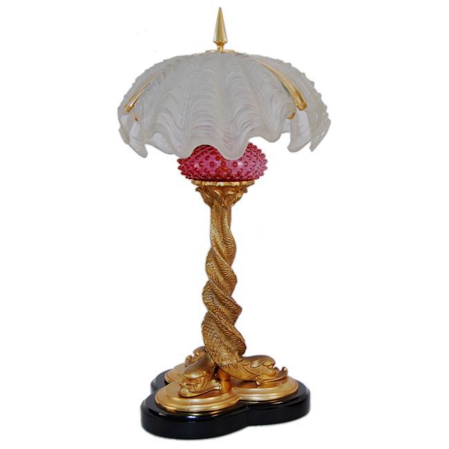 Art Nouveau Bradley & Hubbard Style Bronze Dolphin Table Lamp with Fantasy Clam Shell Shades
