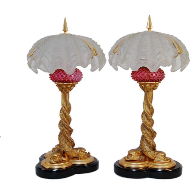 Art Nouveau Bradley & Hubbard Style Bronze Dolphin Table Lamp with Fantasy Clam Shell Shades
