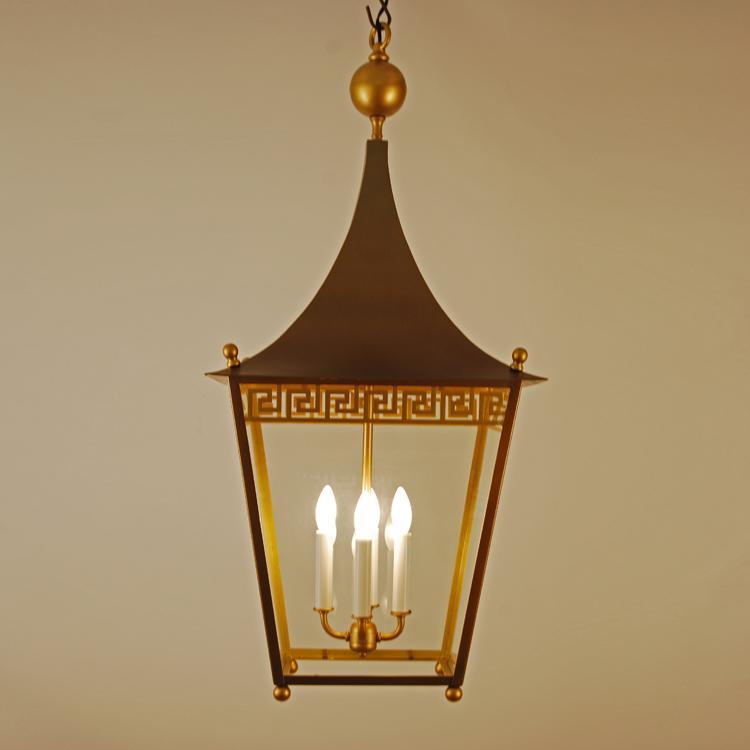 Greek Key Pagoda Top Brass Lantern Chandelier