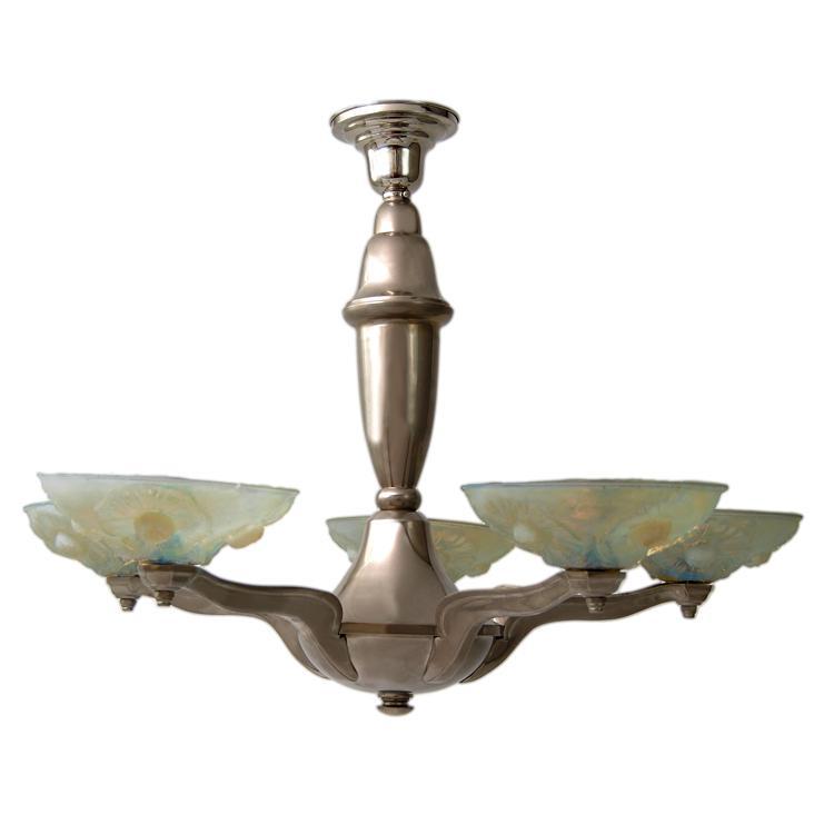 Antique Art Deco Pressed Molded Vaseline Glass Shade Chandelier