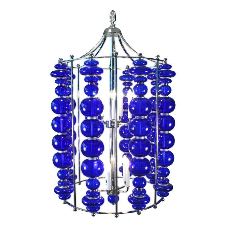 Modern Cobalt Blue Blown Art Glass Ball Chandelier