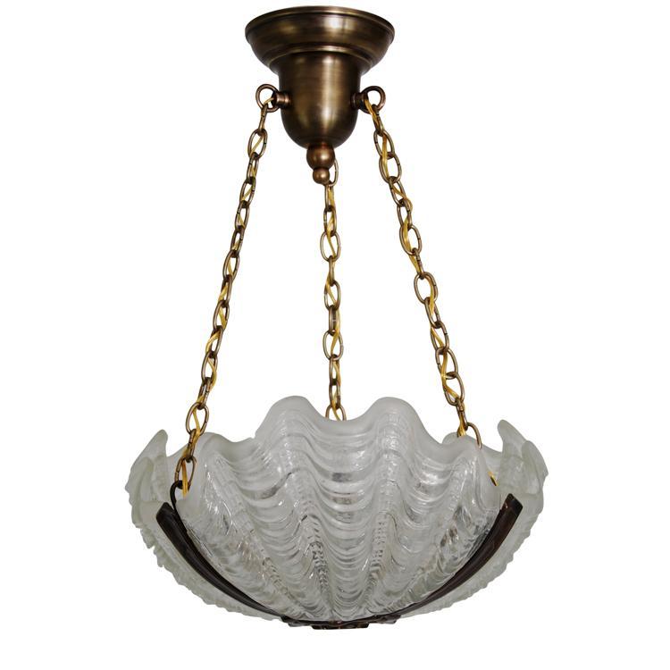 Art Deco Three-Shade Clamshell Chandelier with Bronze Frame