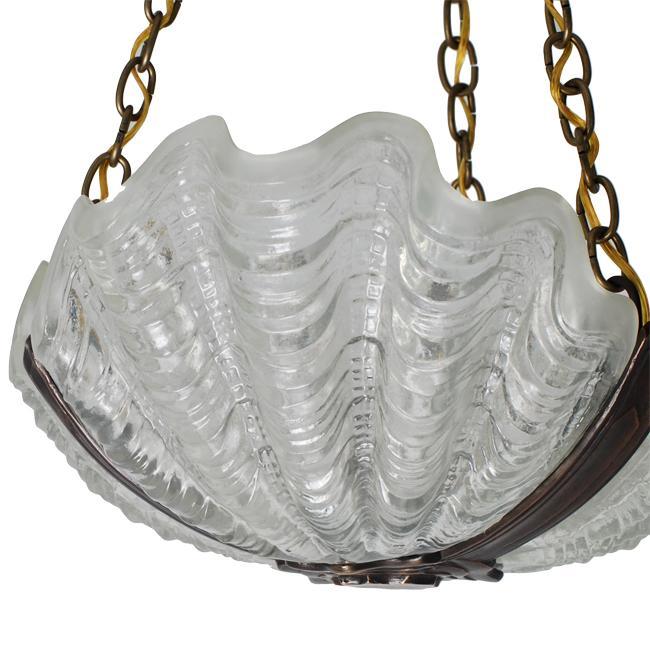 Art Deco Three-Shade Clamshell Chandelier with Bronze Frame