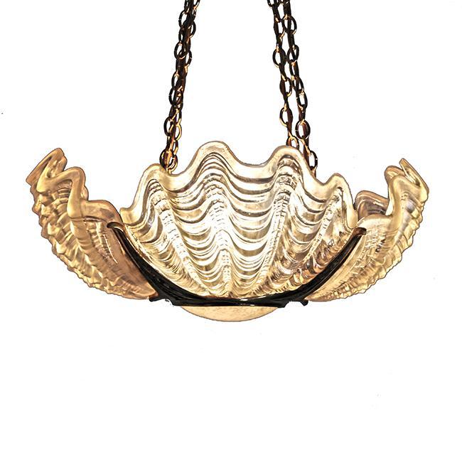 Four-Shade Art Deco Clamshell Chandelier with Cast Brass Frame