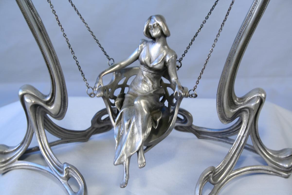 Art Nouveau Bronze Swing Lady Figurine Mirror with Silver Finish