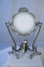 Art Nouveau Bronze Swing Lady Figurine Mirror with Silver Finish