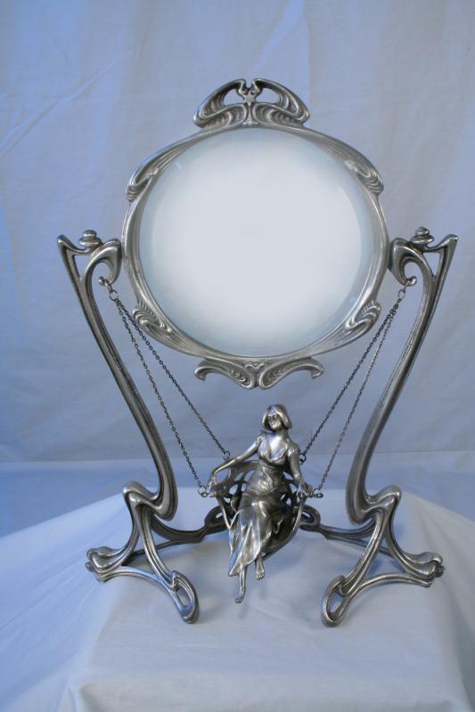 Art Nouveau Bronze Swing Lady Figurine Mirror with Silver Finish