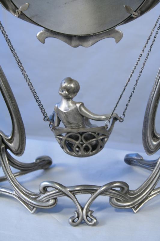 Art Nouveau Bronze Swing Lady Figurine Mirror with Silver Finish