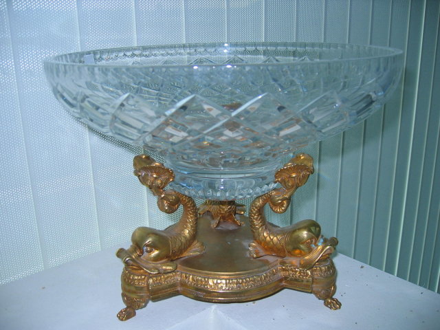 Triple Dolphin Bronze Center Piece Lead Crystal Bowl