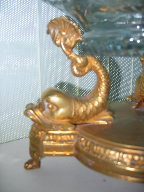 Triple Dolphin Bronze Center Piece Lead Crystal Bowl