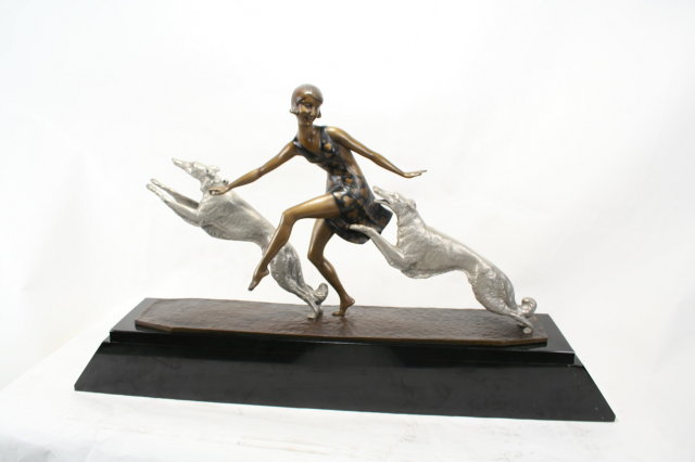 Lg Art Deco Girl W/Two Leaping Russian Hounds