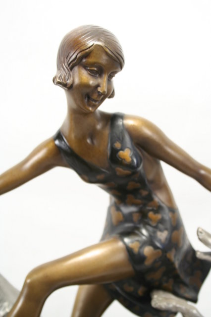 Lg Art Deco Girl W/Two Leaping Russian Hounds