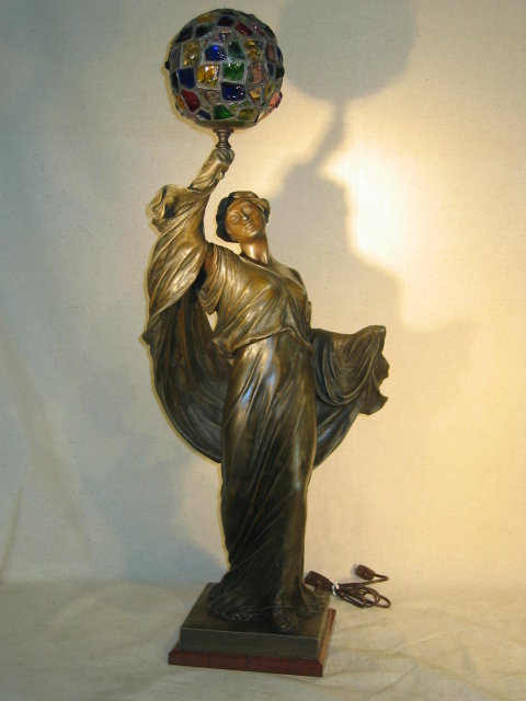 Art Nouveau Lady Newel Post Lamp Spelter