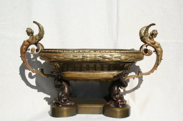 Empire Antique Bronze Winged Lady & Dolphin Centerpiece Bowl