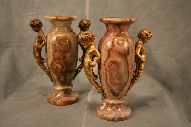 Sm Marble & Dore Bronze Cherub Urns