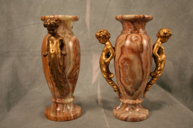 Sm Marble & Dore Bronze Cherub Urns