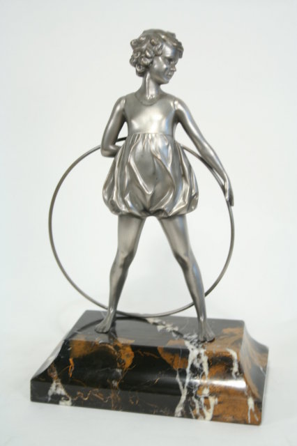Lost Wax Bronze Art Deco Hoop Girl Figurine in Silver Patina by Ferdinand Preiss