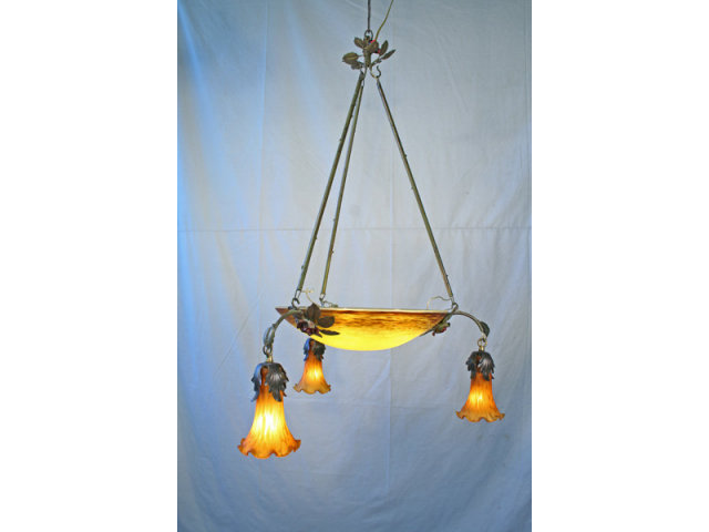 Antique French Bronze & Dore Art Glass Chandelier