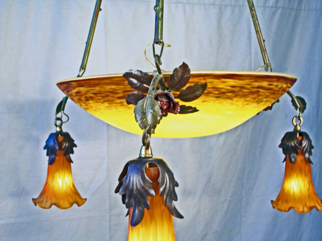 Antique French Bronze & Dore Art Glass Chandelier