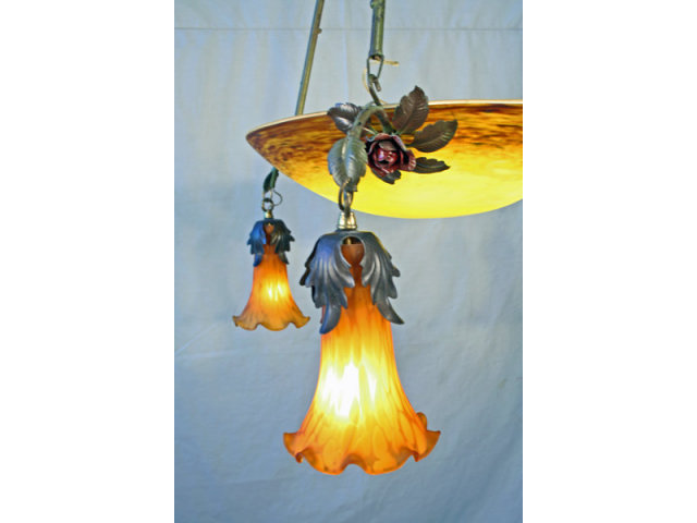 Antique French Bronze & Dore Art Glass Chandelier