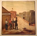 LATE 19th CENTURY OIL AMERICAN FOLK ART GENRE PAINTING/STREETSCAPE 4 X 4.5