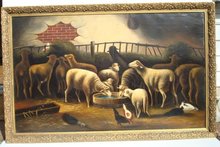 FOLK ART SHEEP INSIDE BARN PAINTING O/C EARLY 20TH CENTURY