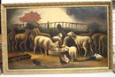 FOLK ART SHEEP INSIDE BARN PAINTING O/C EARLY 20TH CENTURY