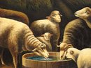 FOLK ART SHEEP INSIDE BARN PAINTING O/C EARLY 20TH CENTURY