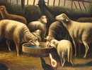 FOLK ART SHEEP INSIDE BARN PAINTING O/C EARLY 20TH CENTURY