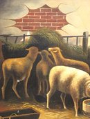 FOLK ART SHEEP INSIDE BARN PAINTING O/C EARLY 20TH CENTURY