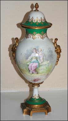 Sevres Urn ormalu handles 1890's figural woman landscape green gold