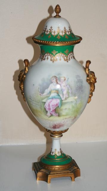 Sevres Urn ormalu handles 1890's figural woman landscape green gold