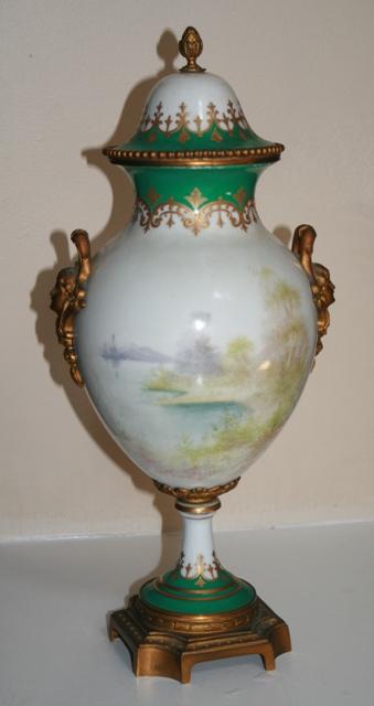 Sevres Urn ormalu handles 1890's figural woman landscape green gold